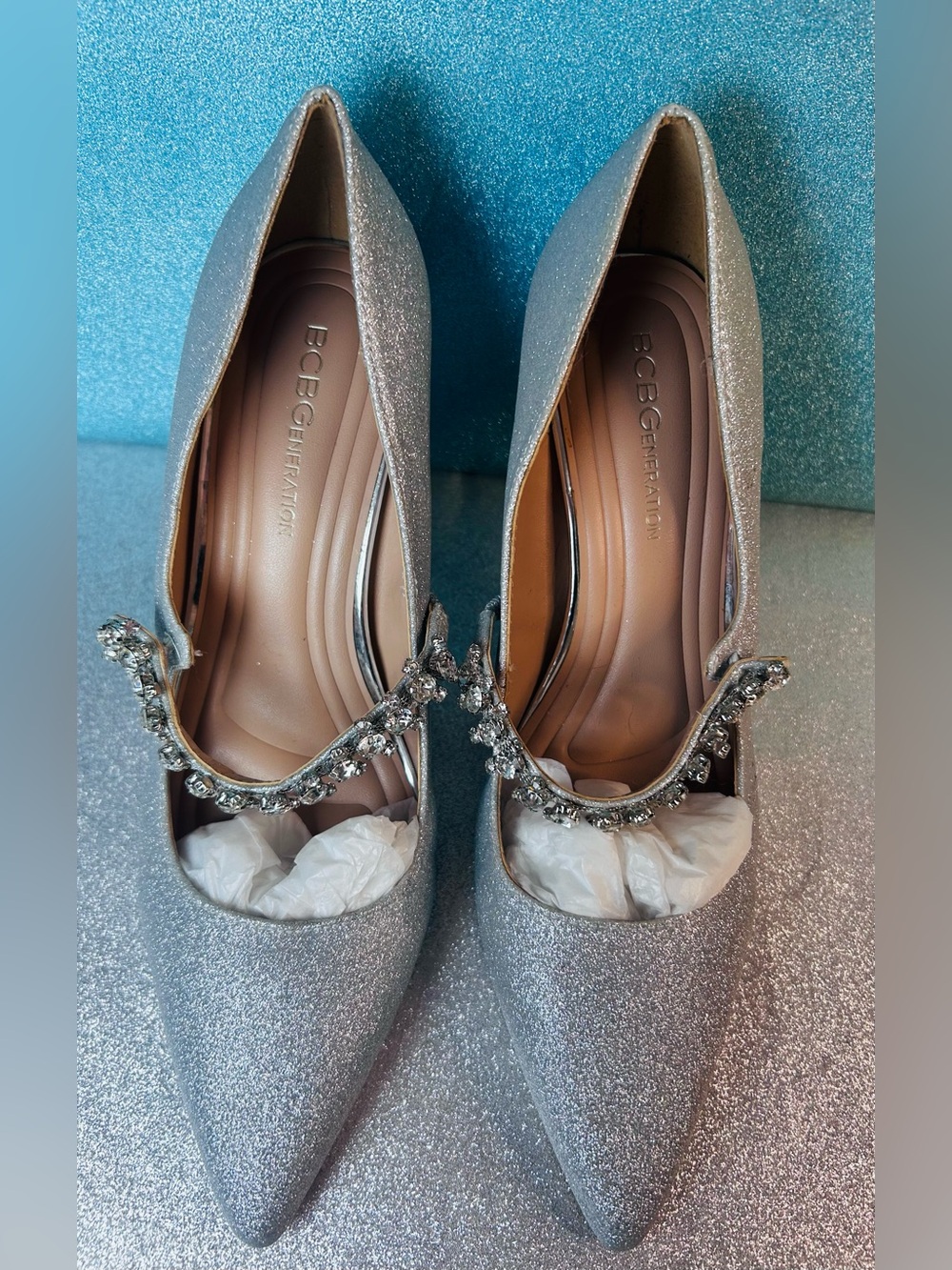 BCBGeneration Blingy Silver Rhinestone Pointed Toe High Heel Shoes Size 7.5 - Picture 10 of 13